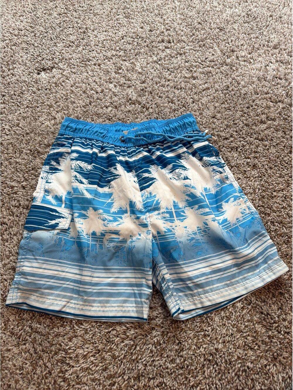 U.S. Apparel Mens Blue Palm Print Swim Trunks S